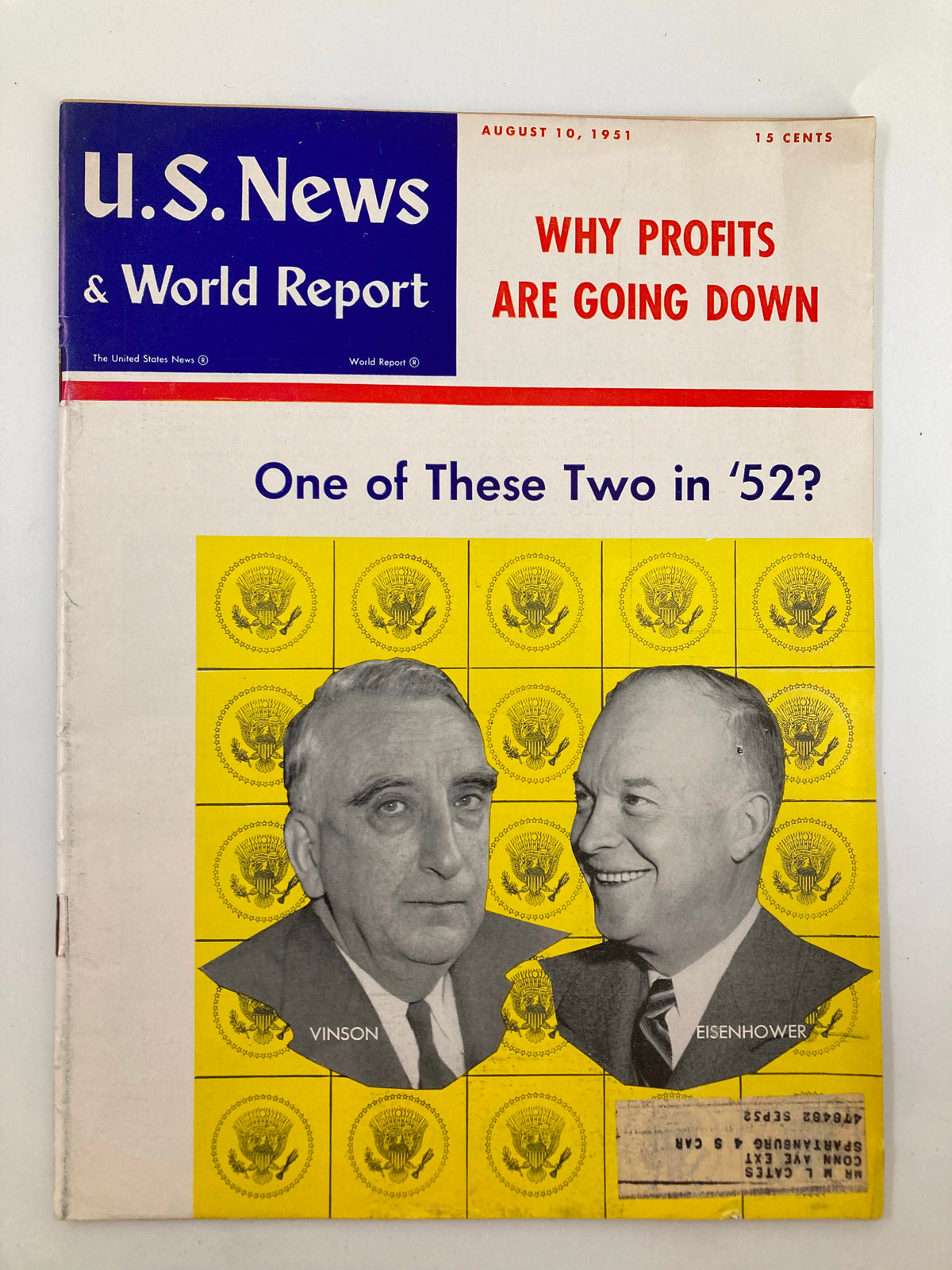 Cover of US News & World Report Magazine from August 10, 1951 featuring portraits of Fred Vinson and Ike Eisenhower with a headline about presidential prospects for 1952.