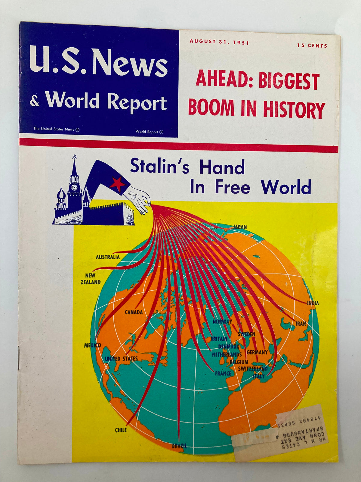 Cover of US News & World Report Magazine from August 31, 1951, featuring the title 'Stalin's Hand In Free World' with a colorful map highlighting global influences and political dynamics during the early Cold War era.