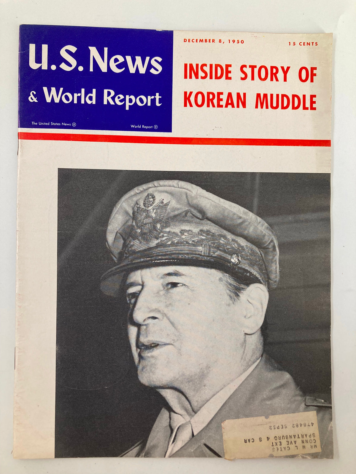 Cover of US News & World Report Magazine from December 8, 1950, featuring the headline 'Inside Story of Korean Muddle' along with a black and white photograph of a military figure wearing a cap.