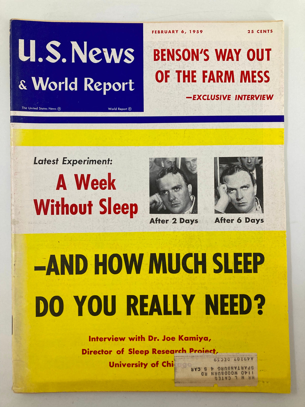 Cover of US News & World Report Magazine from February 6, 1959 featuring the title 'Benson's Way Out of the Farm Mess'. The cover includes a colorful design with headlines about sleep research and an exclusive interview.