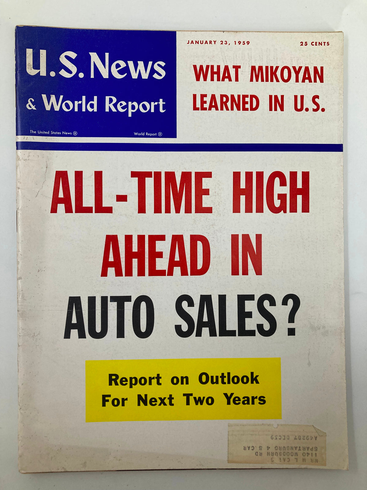 Cover of US News & World Report Magazine from January 23, 1959 featuring the article 'What Mikoyan Learned in U.S.' along with the bold headline 'ALL-TIME HIGH AHEAD IN AUTO SALES?'