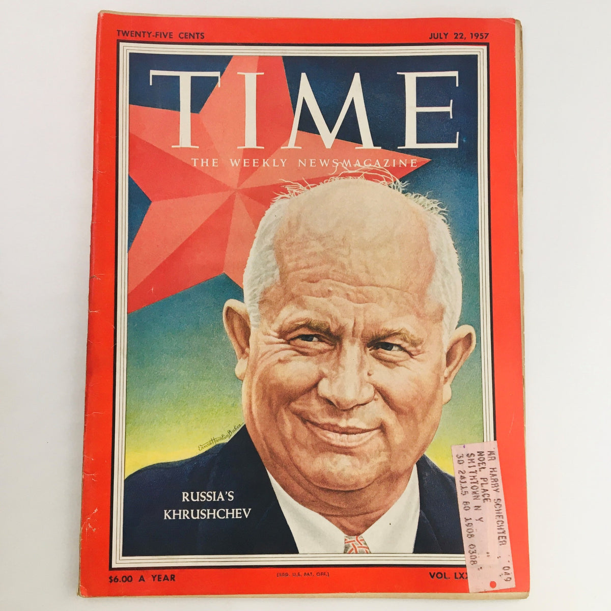 Cover of Time Magazine from July 22, 1957, featuring Russia's Premier Nikita Khrushchev. The cover showcases Khrushchev's portrait against a red star background, highlighting the issue's focus on the Cold War era and international relations.