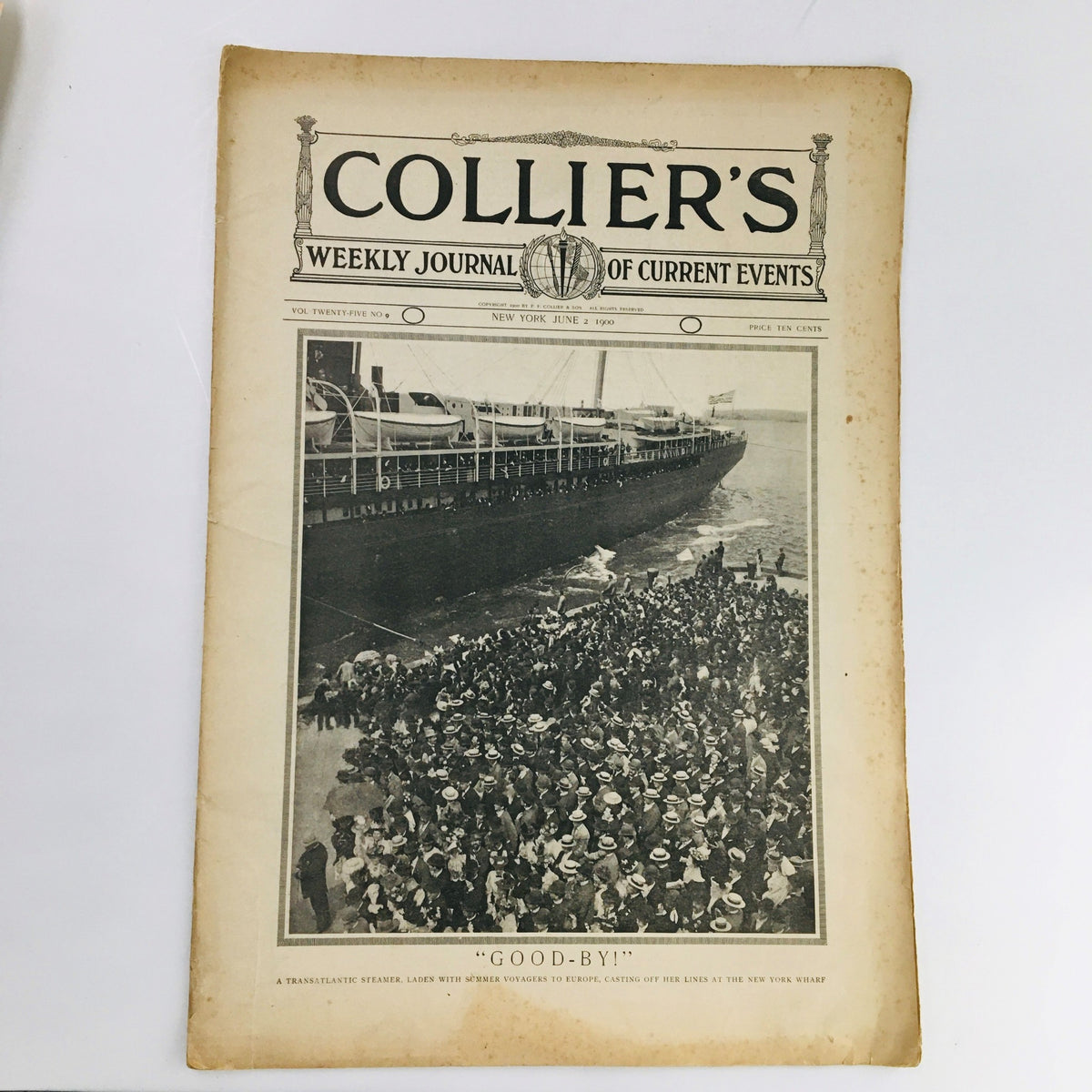 Cover of Collier's Weekly Journal June 2 1900 titled 'Good-By!' featuring a ship and crowd at the New York Wharf.