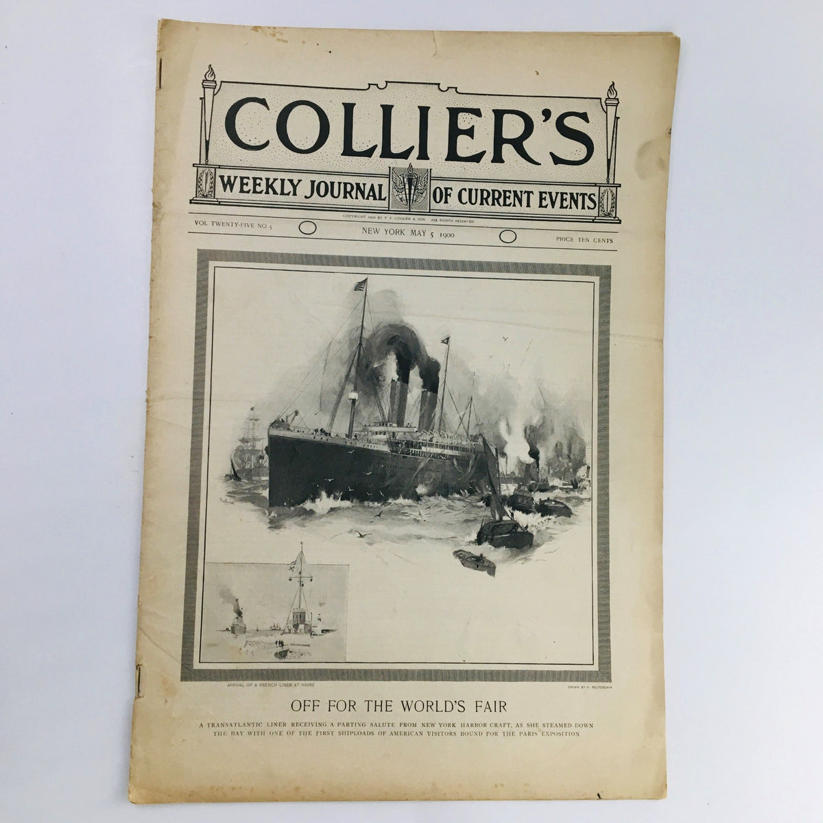 Cover of Collier's Weekly Journal from May 5, 1900, titled 'Off For The World's Fair', showcasing a vintage magazine with illustrations of a ship and historical elements.