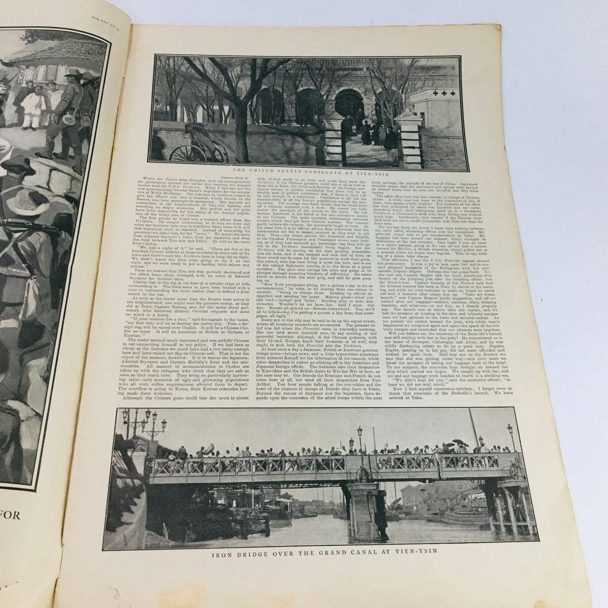 Illustrated interior of Collier's Weekly August 4 1900 Vol 25 #18, with images and text discussing significant events of The War in China.