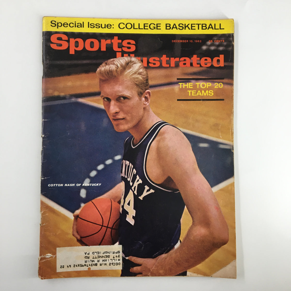 Cover of VTG Sports Illustrated Magazine December 10 1962 featuring Cotton Nash of Kentucky in a basketball jersey with the title displaying COLLEGE BASKETBALL and THE TOP 20 TEAMS.