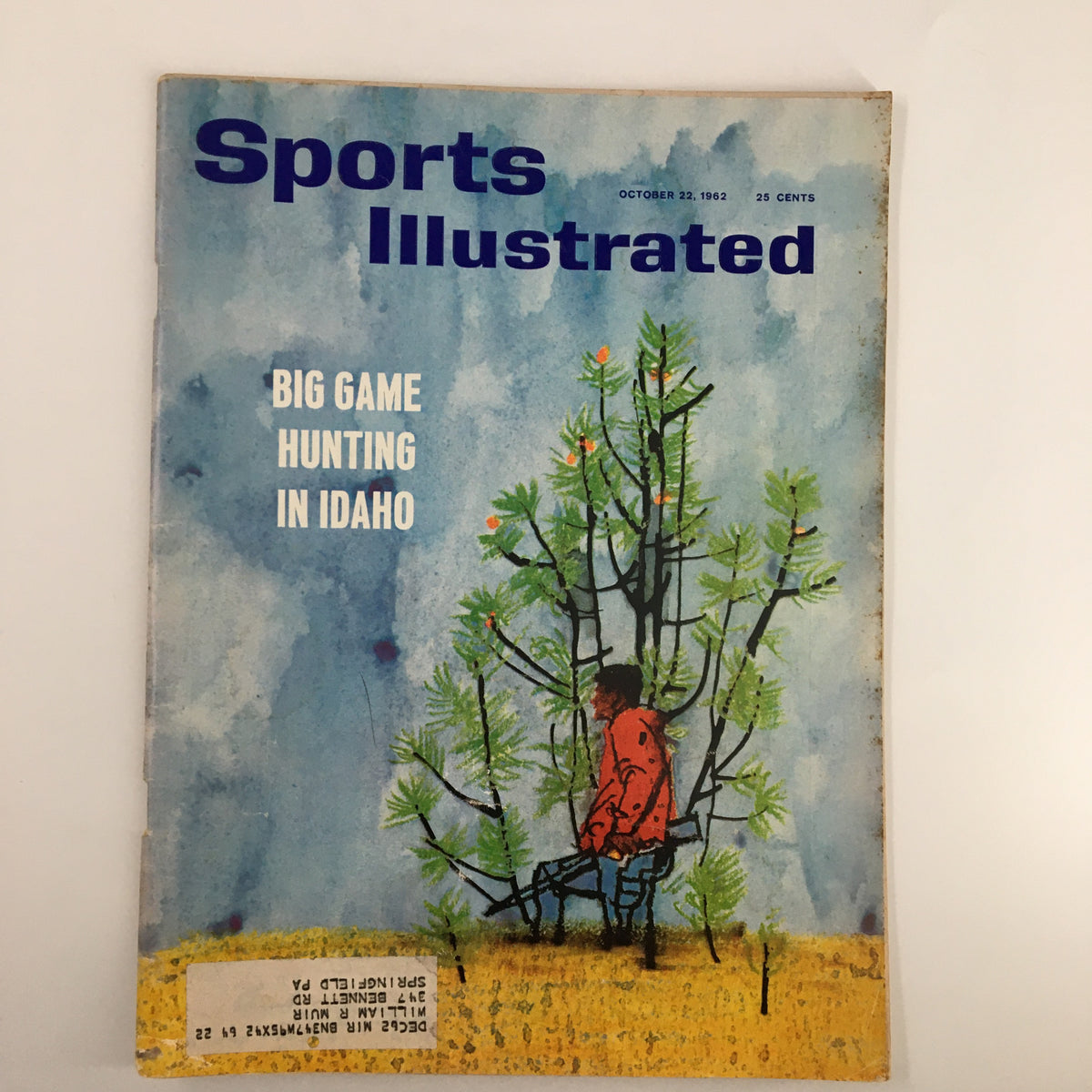 Vintage Sports Illustrated magazine cover from October 22, 1962, featuring 'Big Game Hunting in Idaho' with a colorful illustration of a hunter in a tree surrounded by foliage.