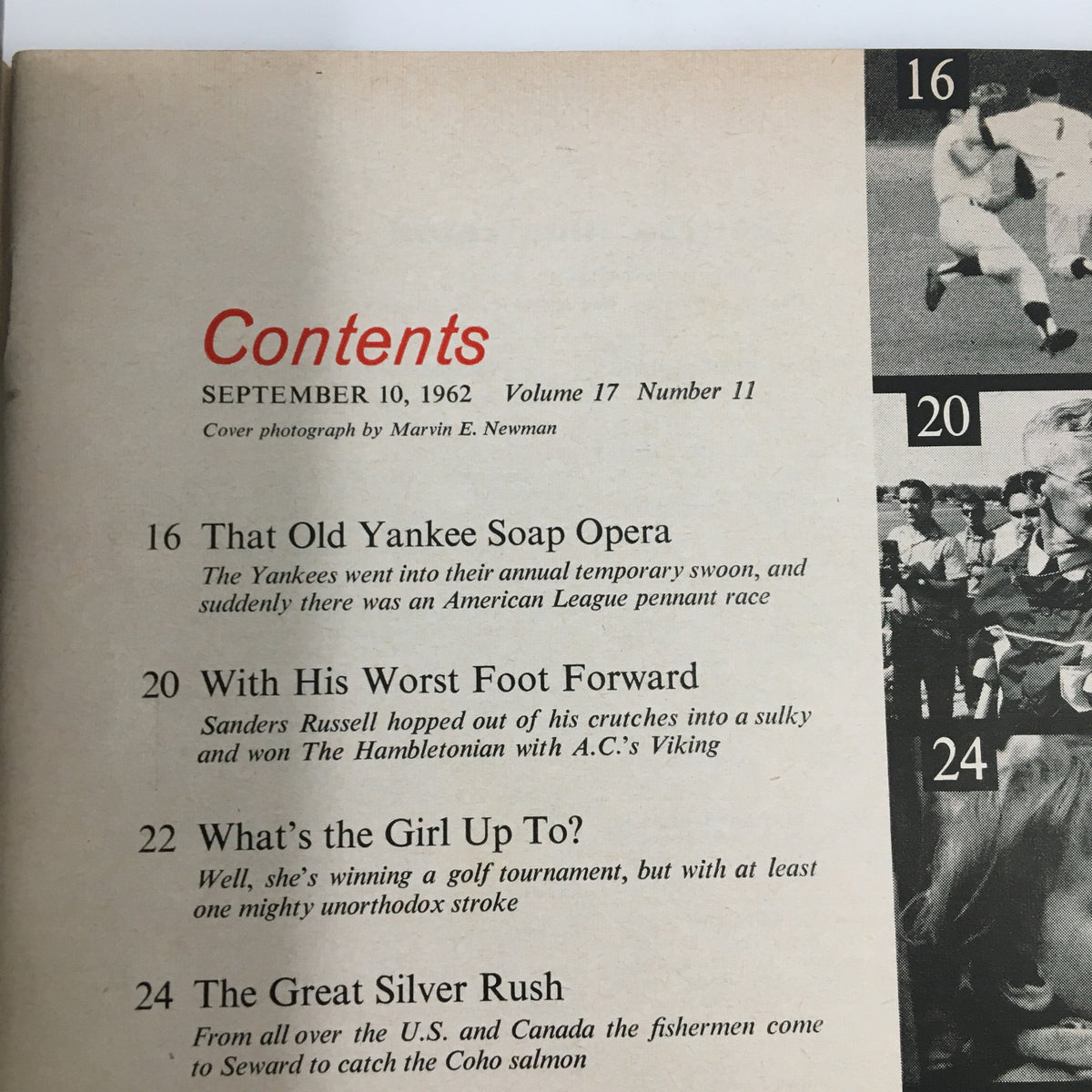 Contents page of VTG Sports Illustrated Magazine September 10 1962, highlighting articles and features within the issue, contextualizing the sports culture of the early 1960s.