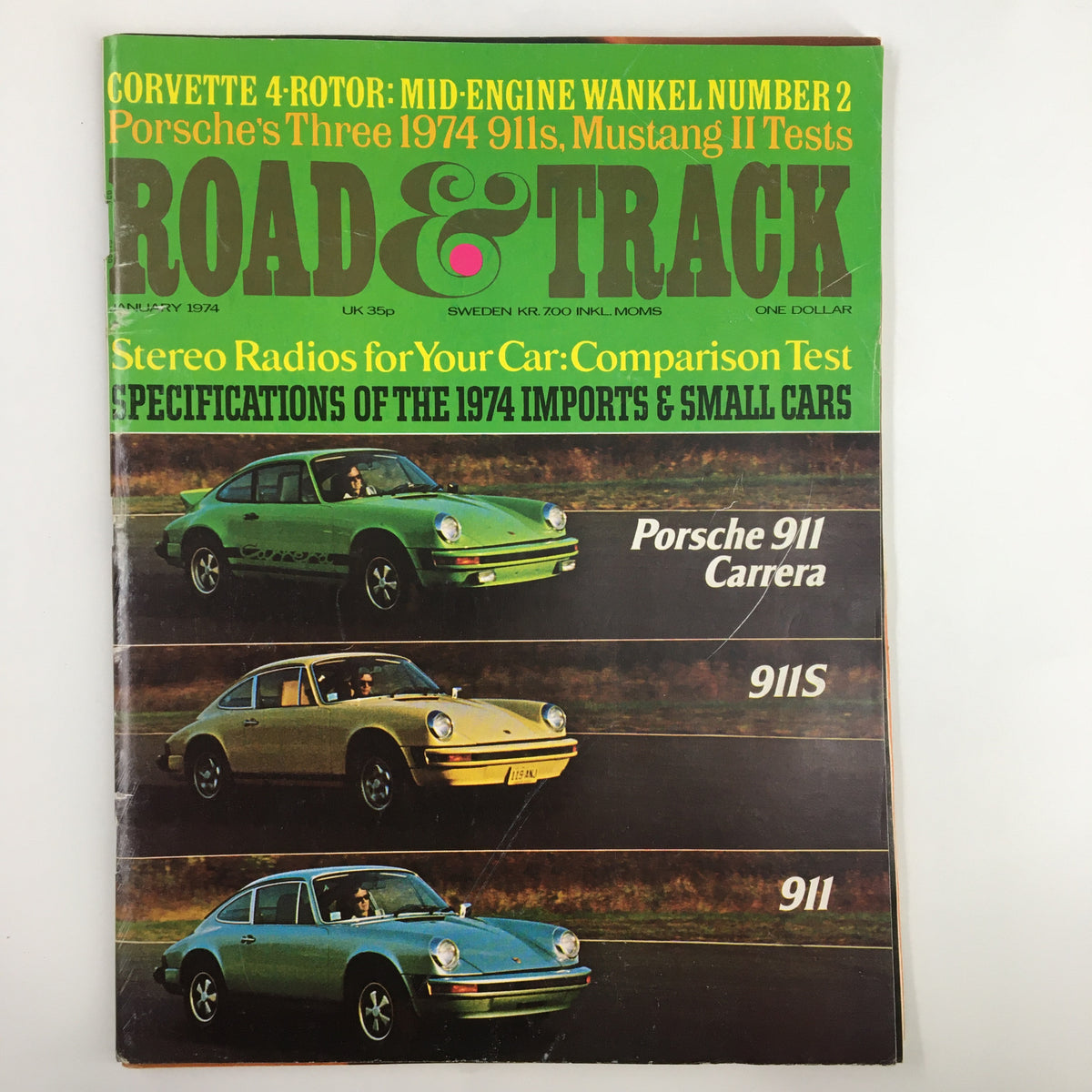 Vintage January 1974 Road & Track Magazine featuring Porsche's Three 1974 911s on the cover, showcasing car models including Porsche 911 Carrera, 911S, and 911.