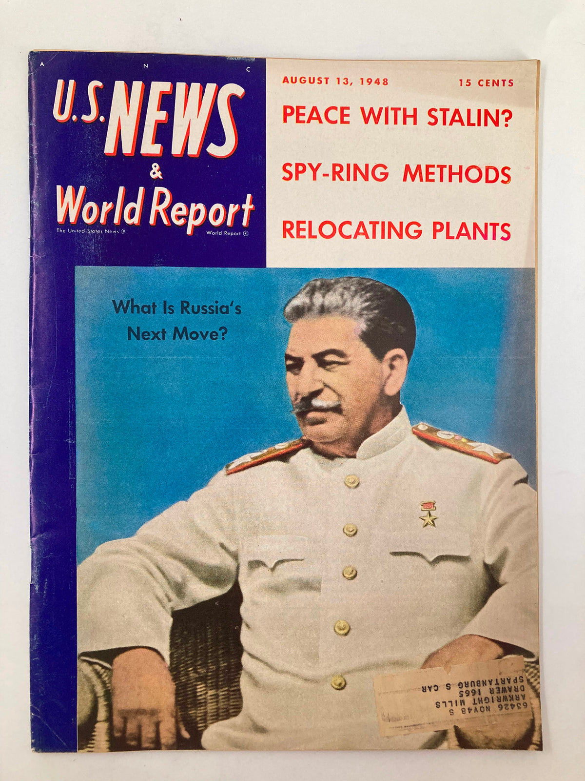 Cover of US News & World Report Magazine, August 13, 1948, featuring Joseph Stalin, with headlines discussing peace with Stalin, spy methods, and Russia's next move.
