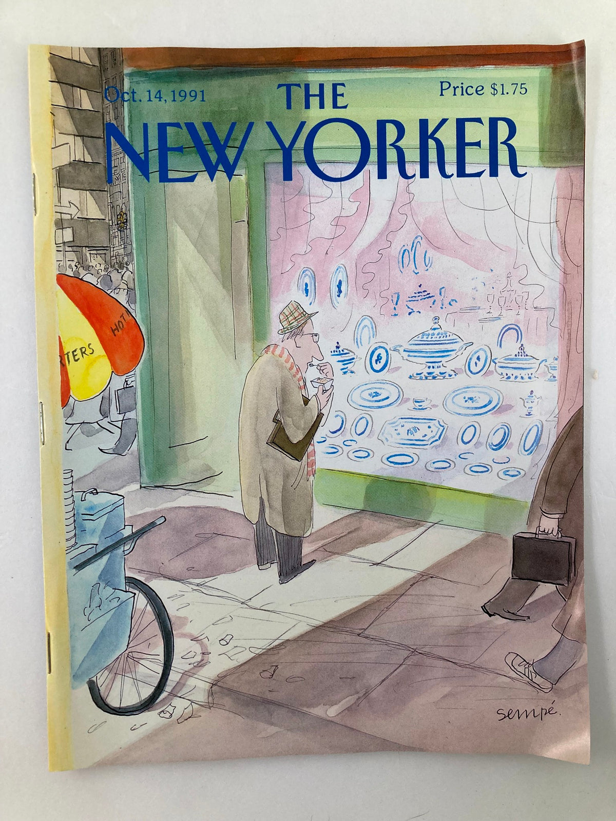 The New Yorker Full Magazine October 14 1991 cover featuring a whimsical illustration by J.J. Sempé, showcasing a man observing a store window display with plates.