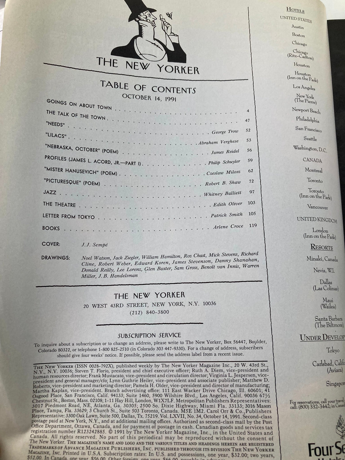 The New Yorker Full Magazine October 14 1991 table of contents page, detailing articles and illustrations, with cover art attribution to J.J. Sempé.