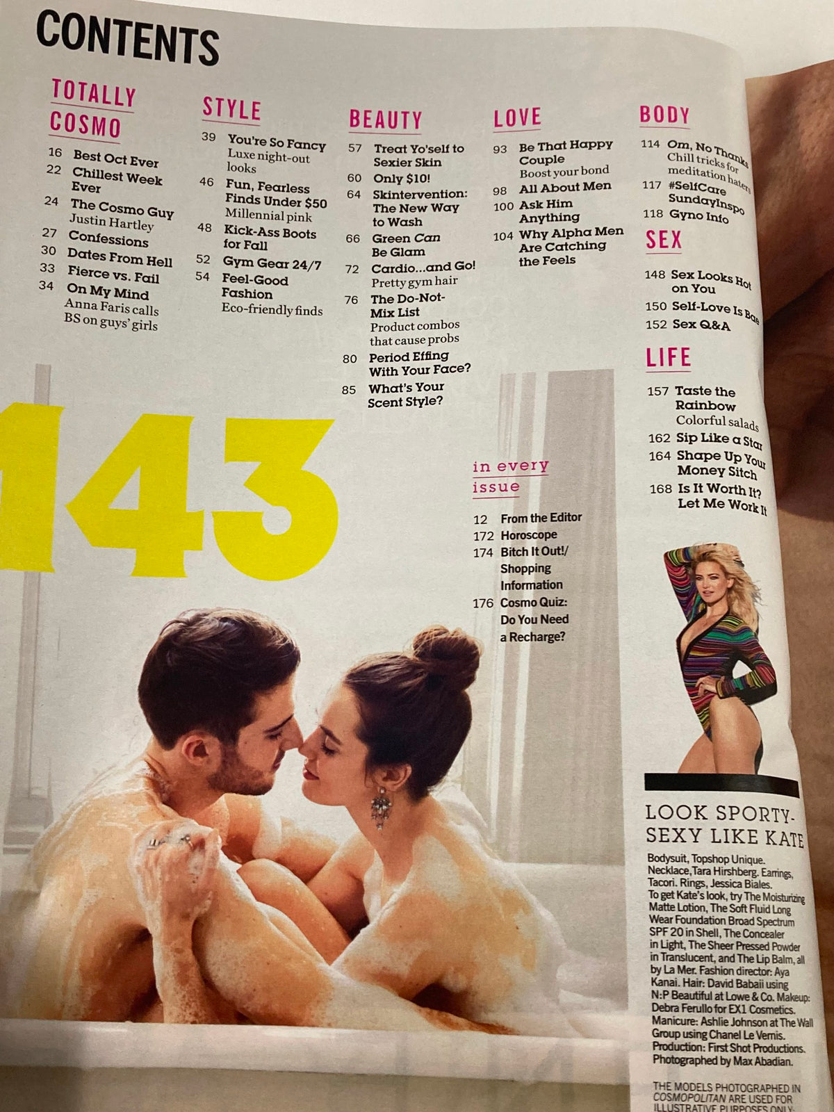 Contents page of Cosmopolitan Magazine October 2017 featuring Kate Hudson, highlighting sections on style, beauty, love, body, sex, and life, emphasizing fun and fitness themes.