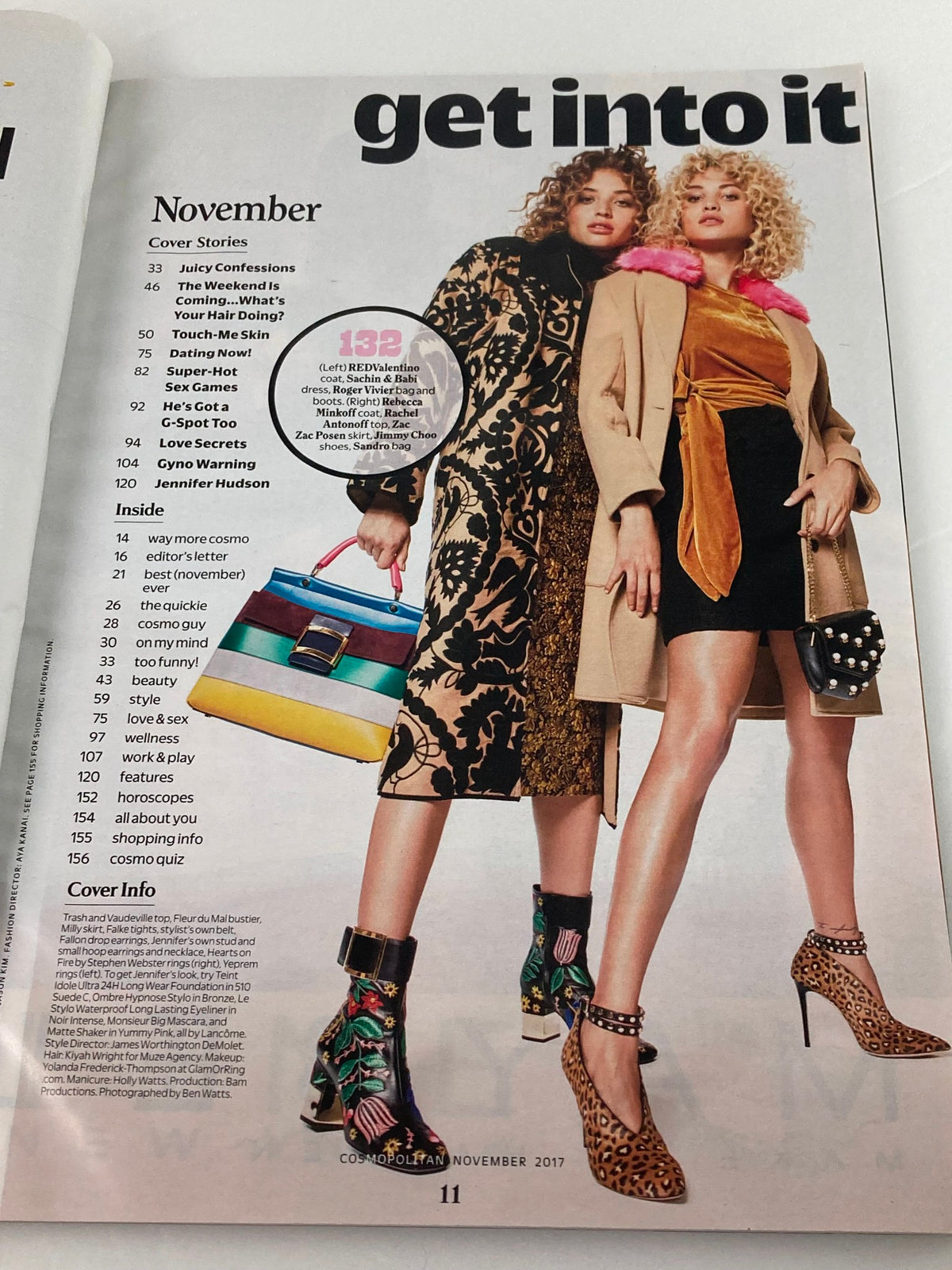 Interior page of Cosmopolitan Magazine November 2017 showcasing fashion trends and cover stories, including a feature on Jennifer Hudson, with stylish images and article previews.