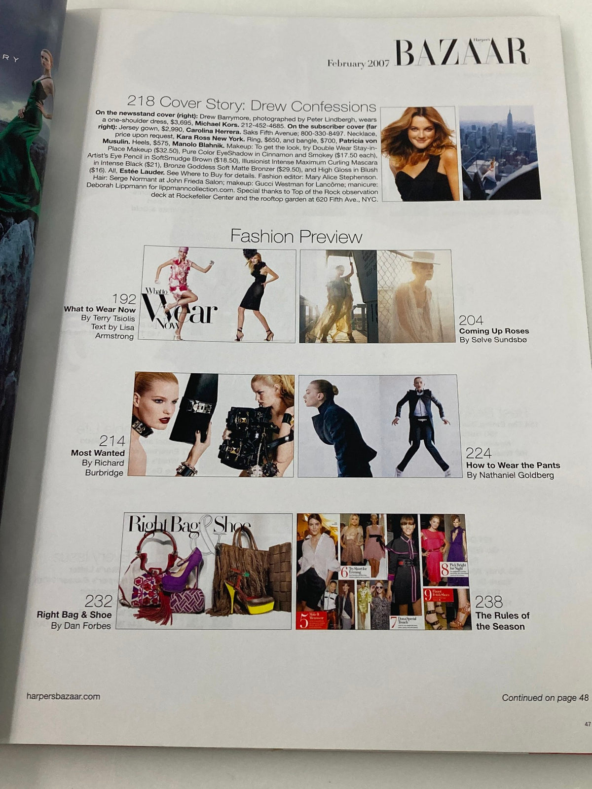 Interior page of Harper's Bazaar February 2007, highlighting the cover story 'Drew Confessions' along with fashion previews.
