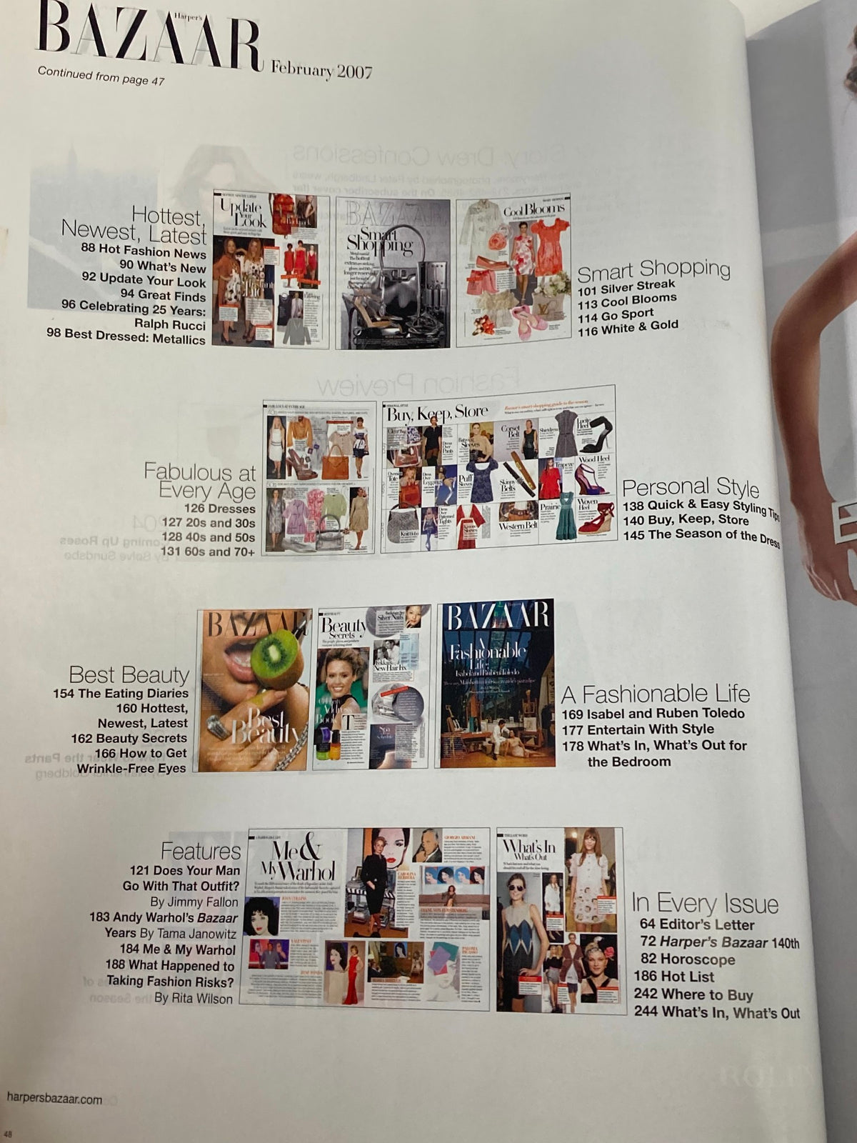Another interior page from Harper's Bazaar February 2007, displaying articles on personal style and beauty.
