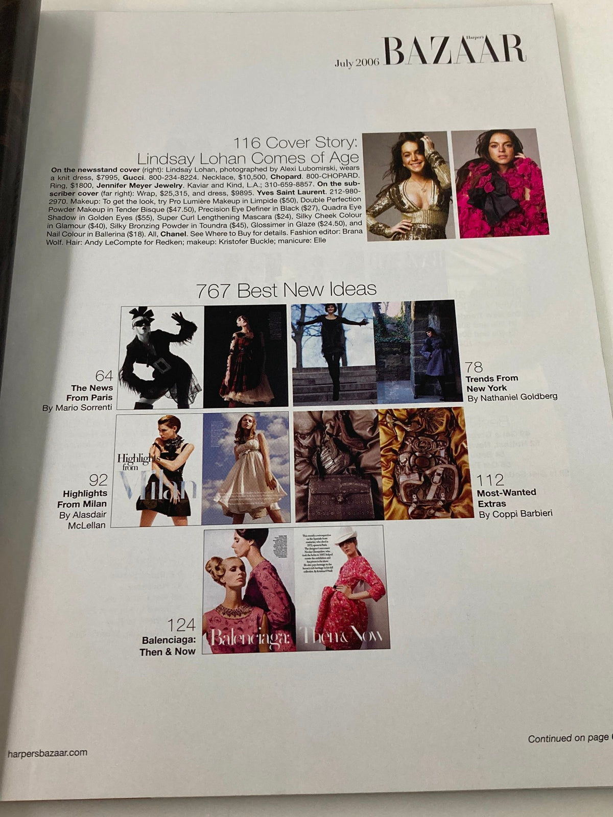 Interior page of Harper's Bazaar Magazine July 2006 highlighting a cover story about Lindsay Lohan, alongside fashion ideas and distinct visuals from the issue.