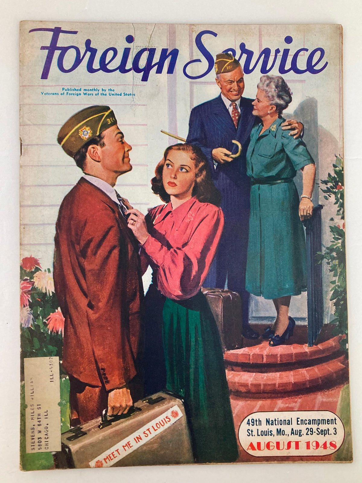 Cover of the VTG Foreign Service Magazine from August 1948, Volume 35, Issue #12, featuring an illustration of people engaged in a friendly conversation. The cover highlights the 49th National Encampment in St. Louis, MO, with visual elements reflecting mid-20th century American culture.