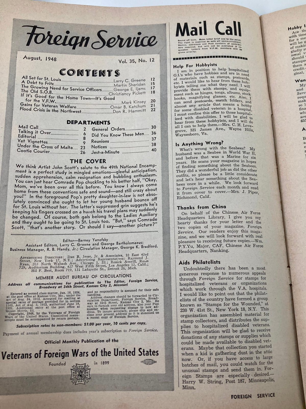 Interior page of the VTG Foreign Service Magazine from August 1948, Volume 35, Issue #12, showcasing the contents and 'Mail Call' section, related to the 49th National Encampment.