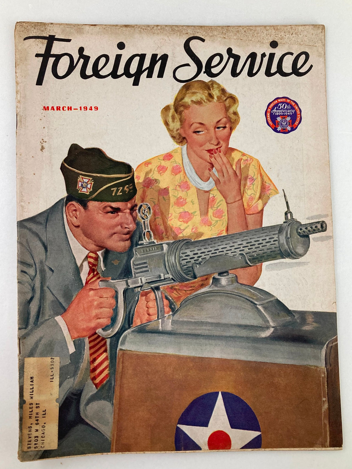 Cover of VTG Foreign Service Magazine March 1949, Volume 36, Issue #7 featuring a cartoon illustration of a soldier and woman, symbolizing the theme of that era.