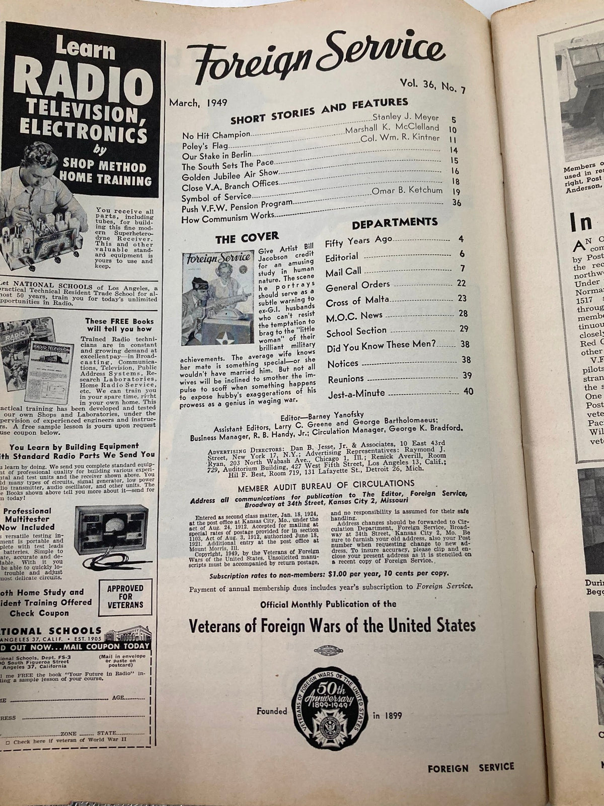 Inside page of VTG Foreign Service Magazine from March 1949, Volume 36, Issue #7 displaying contents and features, highlighting the magazine's historical context and January articles.