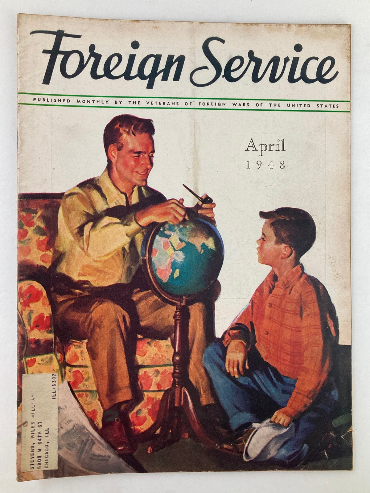 Cover of VTG Foreign Service Magazine April 1948, Vol 35 #8, featuring an illustration of a man teaching a boy while they examine a globe.