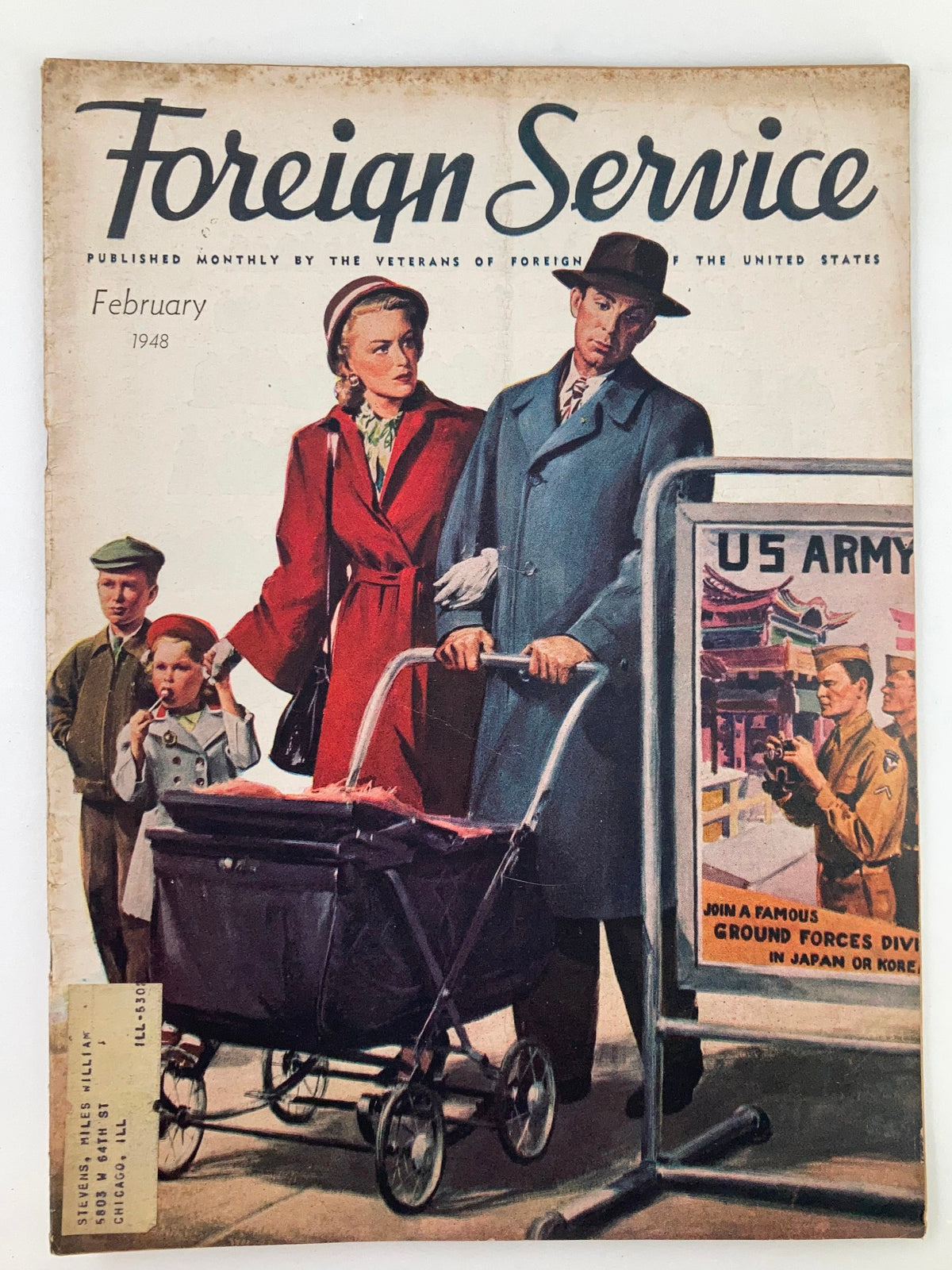 Cover of VTG Foreign Service Magazine February 1948, Vol 35 #6 showcasing a family scene with a woman, a man, and children, promoting military service with an ad for US Army participation.