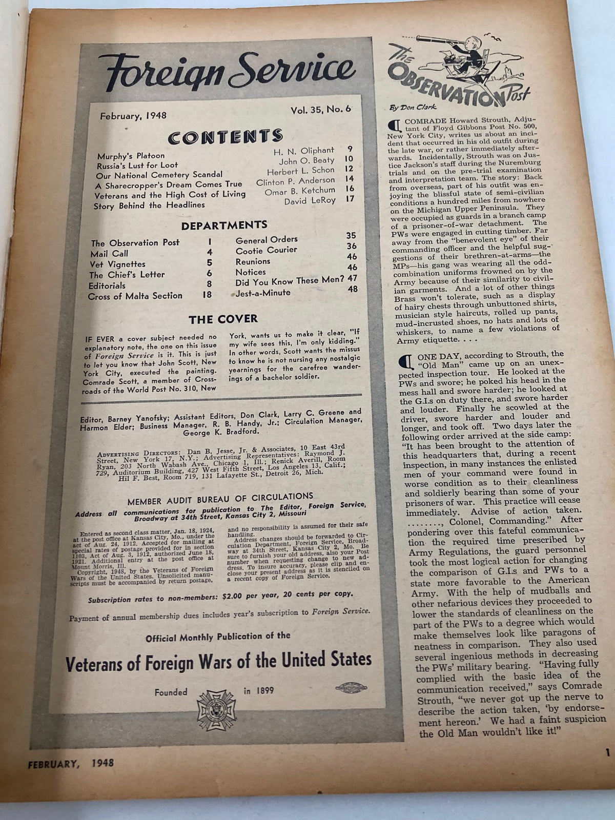 Contents page of VTG Foreign Service Magazine February 1948, Vol 35 #6 detailing articles and departments within the magazine, reflecting post-World War II military culture.