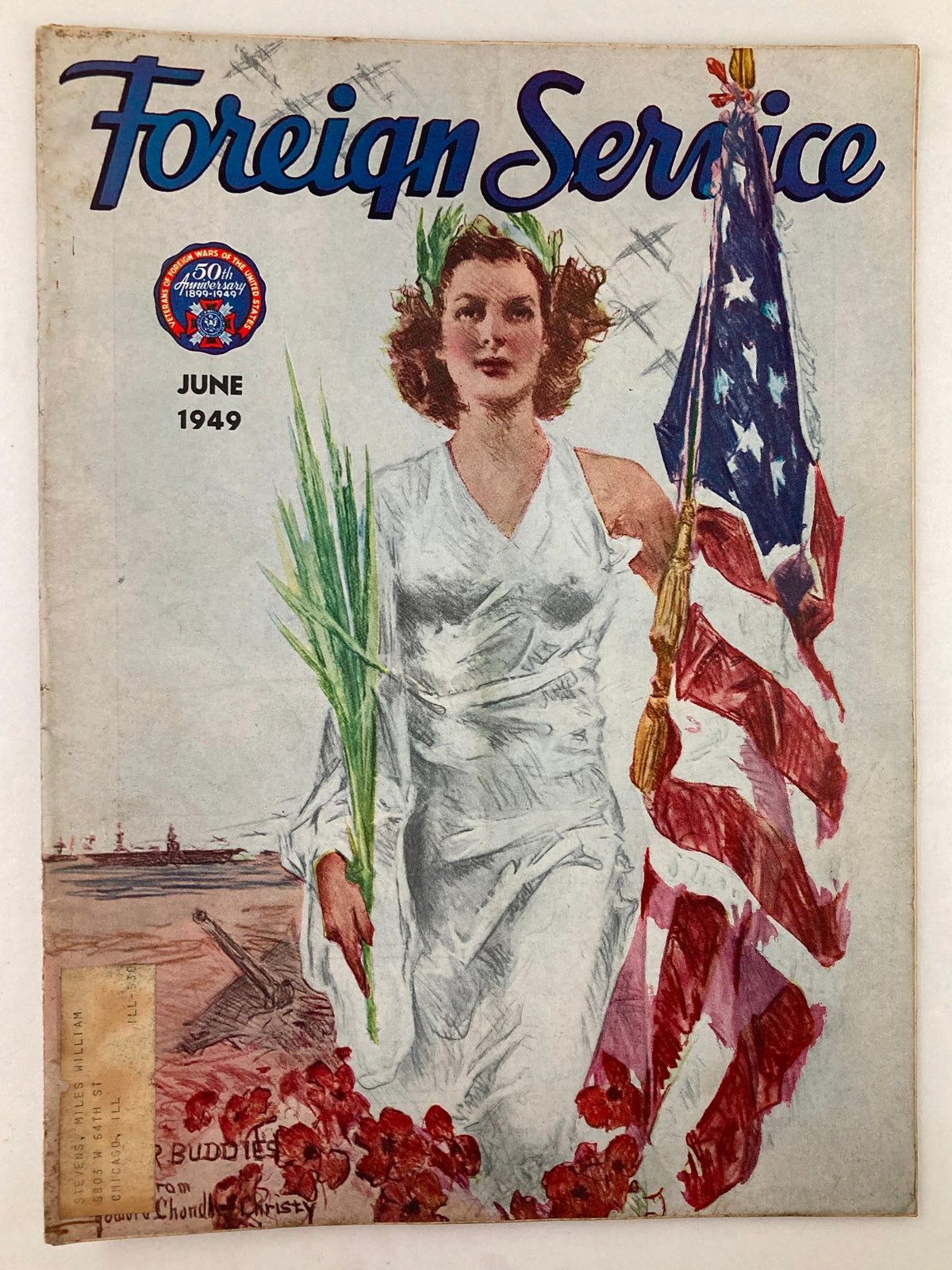Cover of VTG Foreign Service Magazine June 1949 Vol 36 #10 featuring a woman in a white dress with greenery and an American flag, symbolizing the Spirit of the Buddy Poppy.