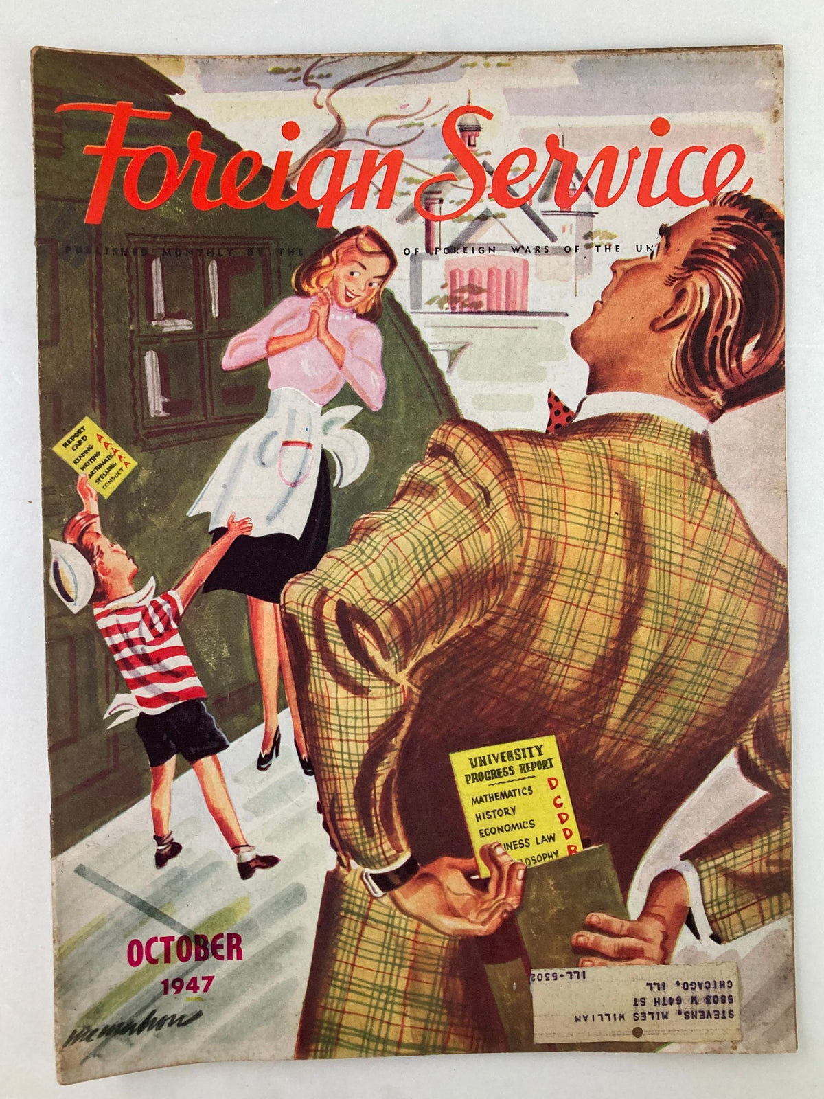 Cover of VTG Foreign Service Magazine October 1947 Vol 35 #2 featuring a vintage illustration with characters discussing a report titled 'University Progress Report'.