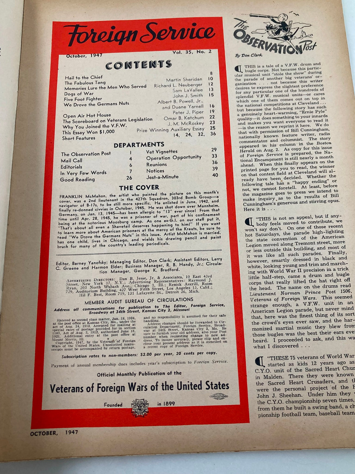 Contents page of VTG Foreign Service Magazine October 1947 Vol 35 #2, listing articles such as 'Hail to the Chief' and 'Why You Joined the V.F.W.', showcasing the magazine's diverse topics.