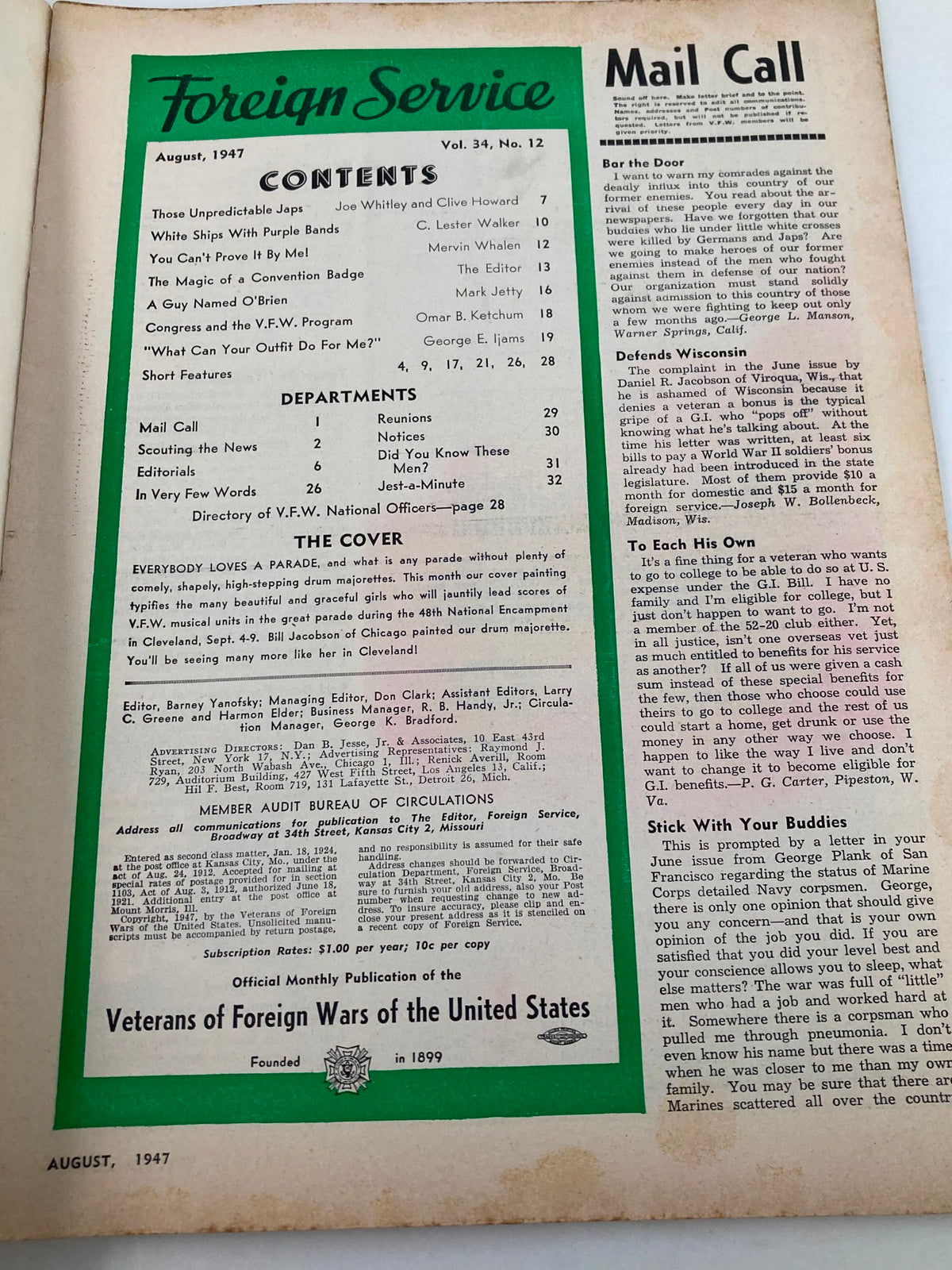 Interior page of VTG Foreign Service Magazine, August 1947, Vol 34 #12, displaying the contents section with articles and features related to post-war America, including a focus on community and events.