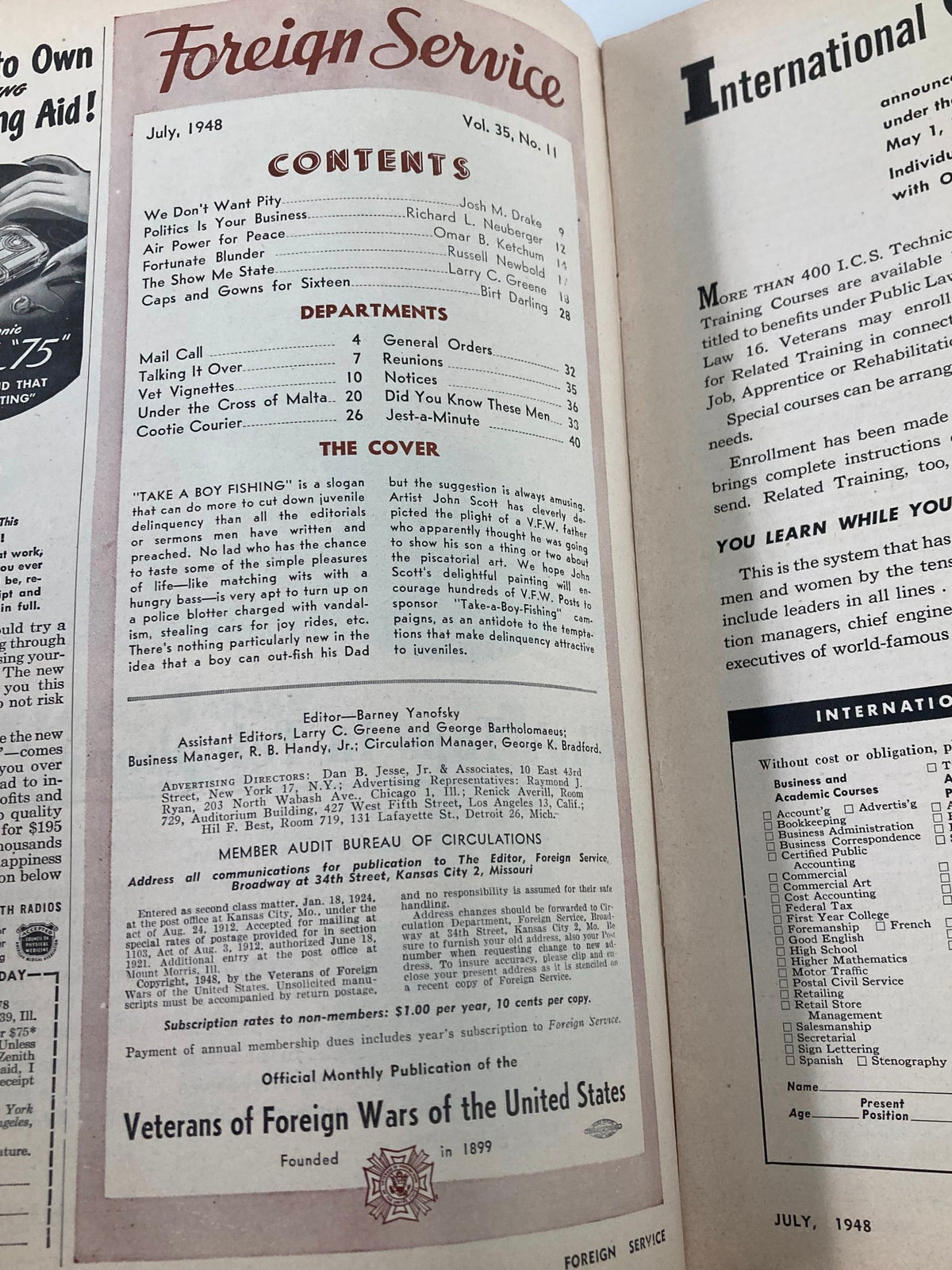 Contents page of the VTG Foreign Service Magazine, July 1948, Vol 35 #11, featuring articles like 'Take A Boy Fishing', nostalgic themes, and diverse sections including General Orders and Notices.