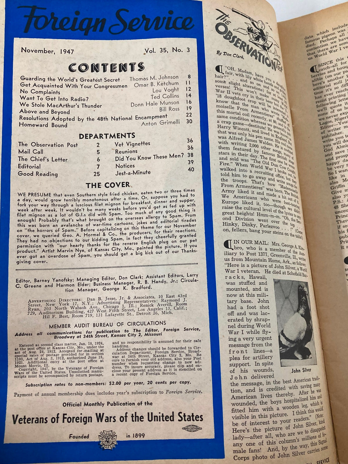 Contents page of the November 1947 Foreign Service Magazine, Volume 35, Issue 3, titled "The Horrors of Spam", detailing articles and features in a blue layout.