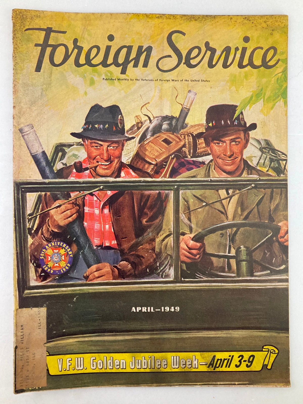 Cover of VTG Foreign Service Magazine April 1949, featuring two men in a vehicle, embodying the spirit of the V.F.W. Golden Jubilee Week.