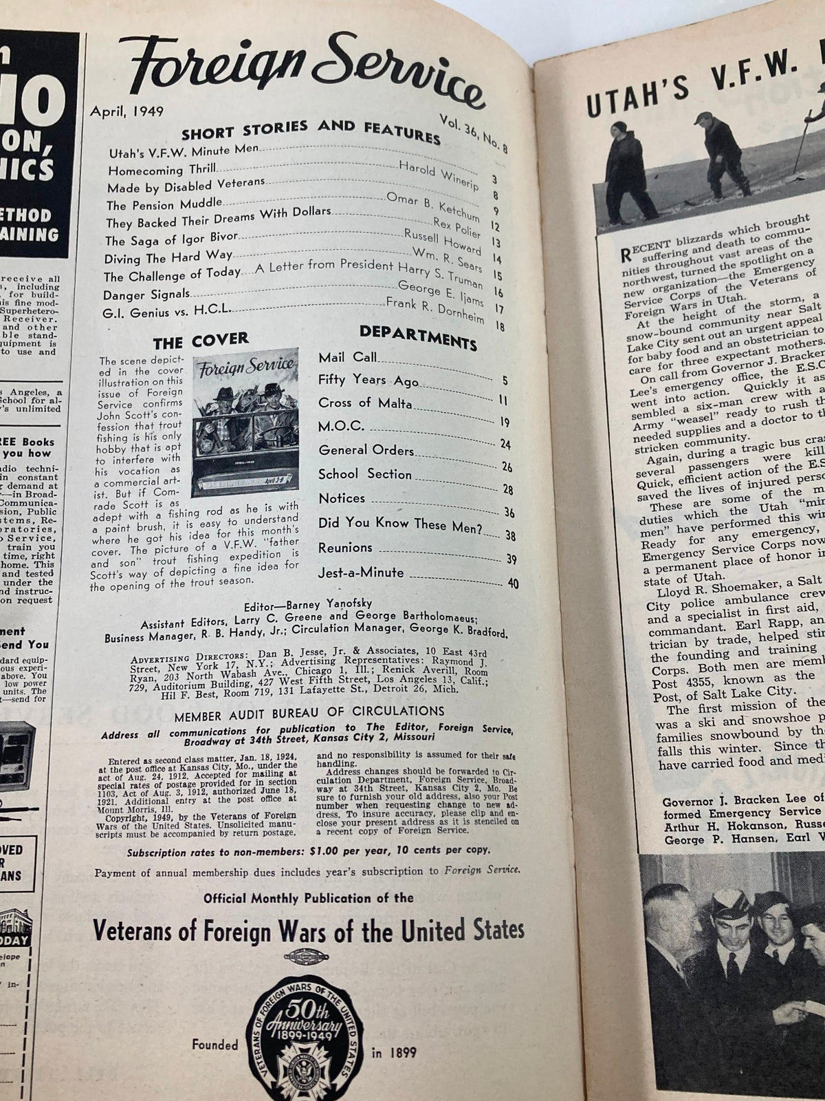 Inside page of VTG Foreign Service Magazine April 1949, showcasing the table of contents and features of Volume 36, Issue 8.