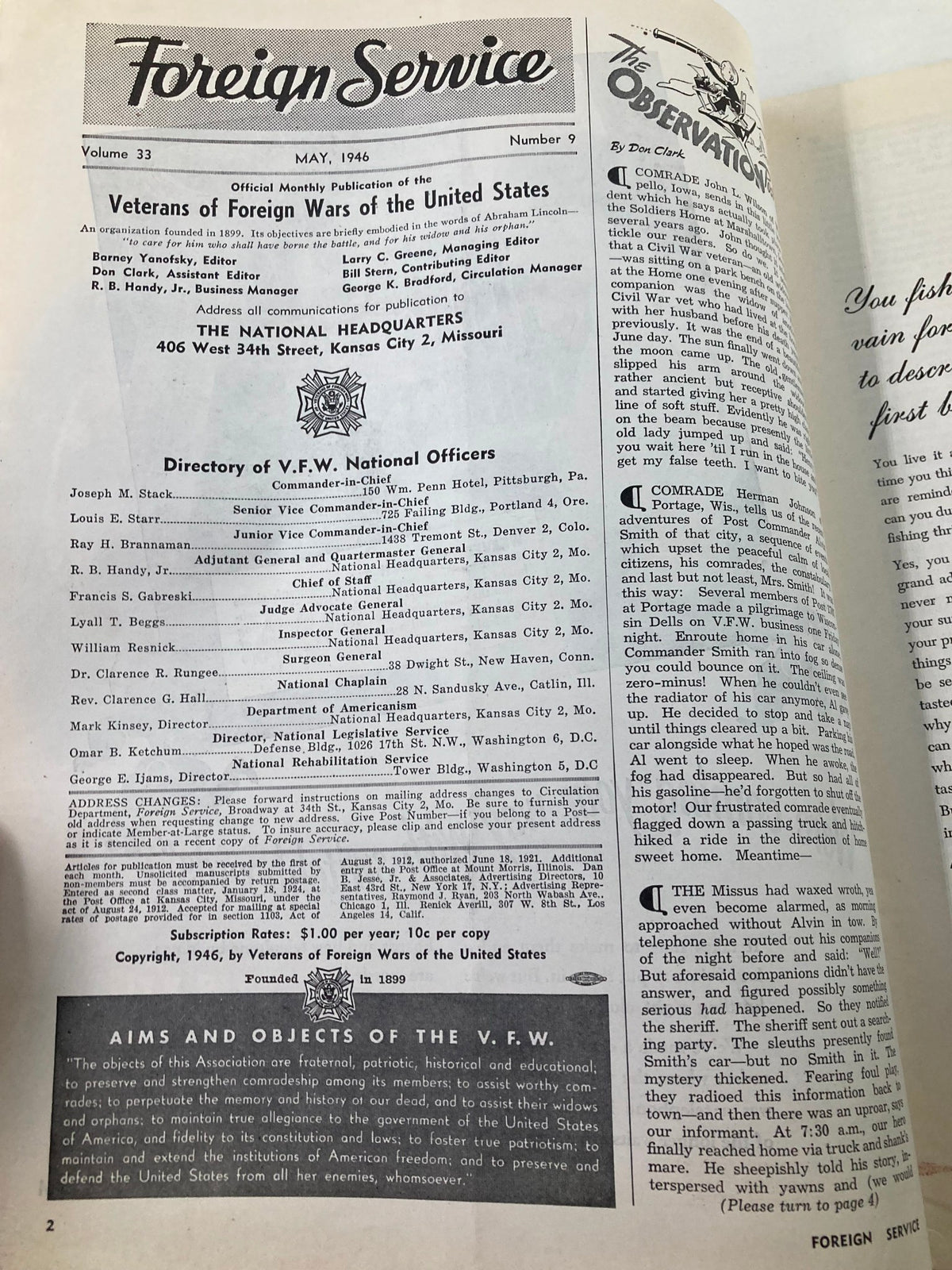 Inside page of the VTG Foreign Service Magazine from May 1946, Volume 33, Issue 9, showcasing the editorial team and VFW national officers.
