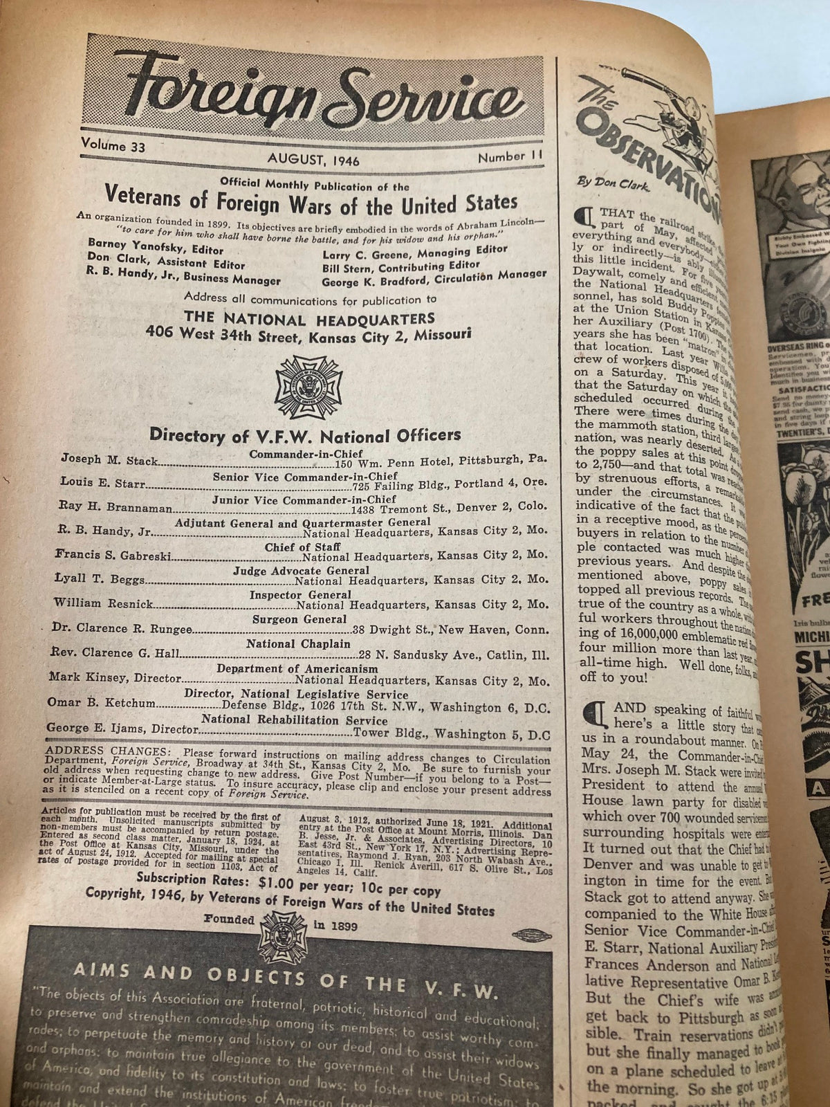 Vintage Foreign Service Magazine August 1946 Vol 33 #11 47th National Encampment
