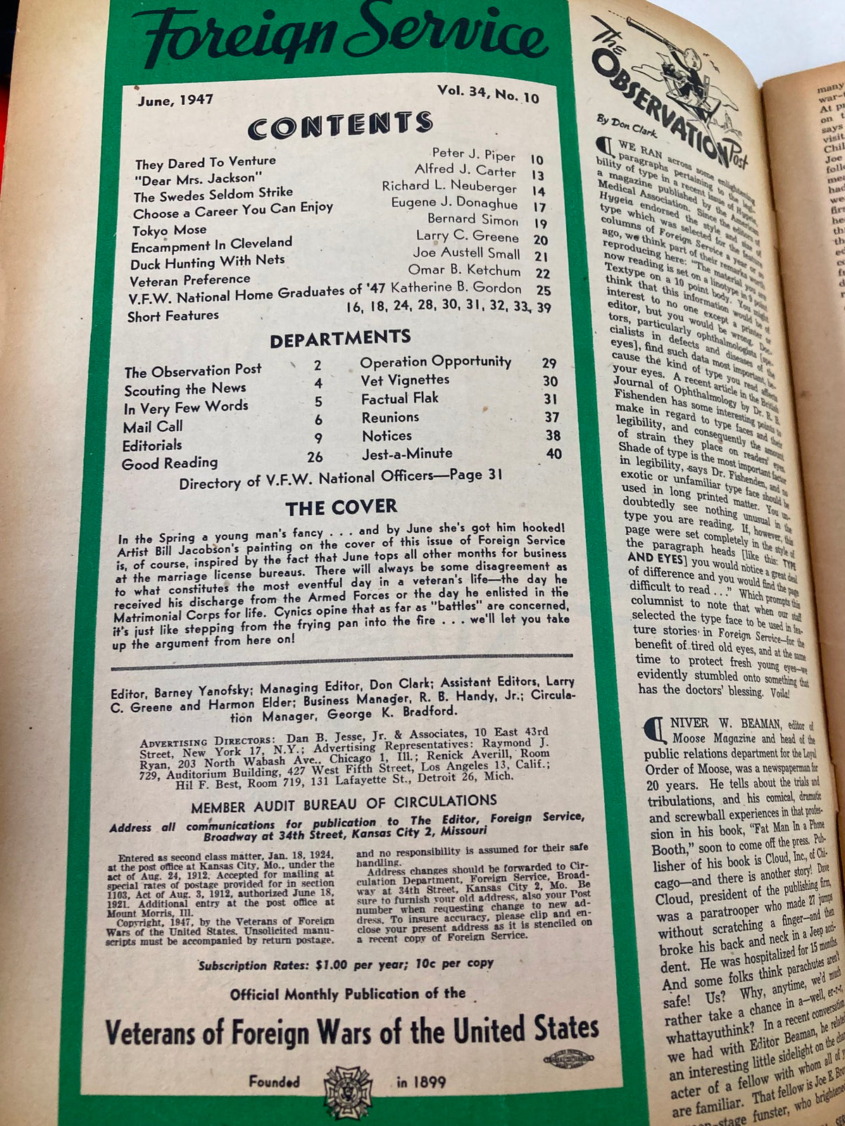 Interior page of VTG Foreign Service Magazine June 1947, highlighting the contents of Volume 34, Issue #10, with sections dedicated to various articles and a distinctive green and white layout.