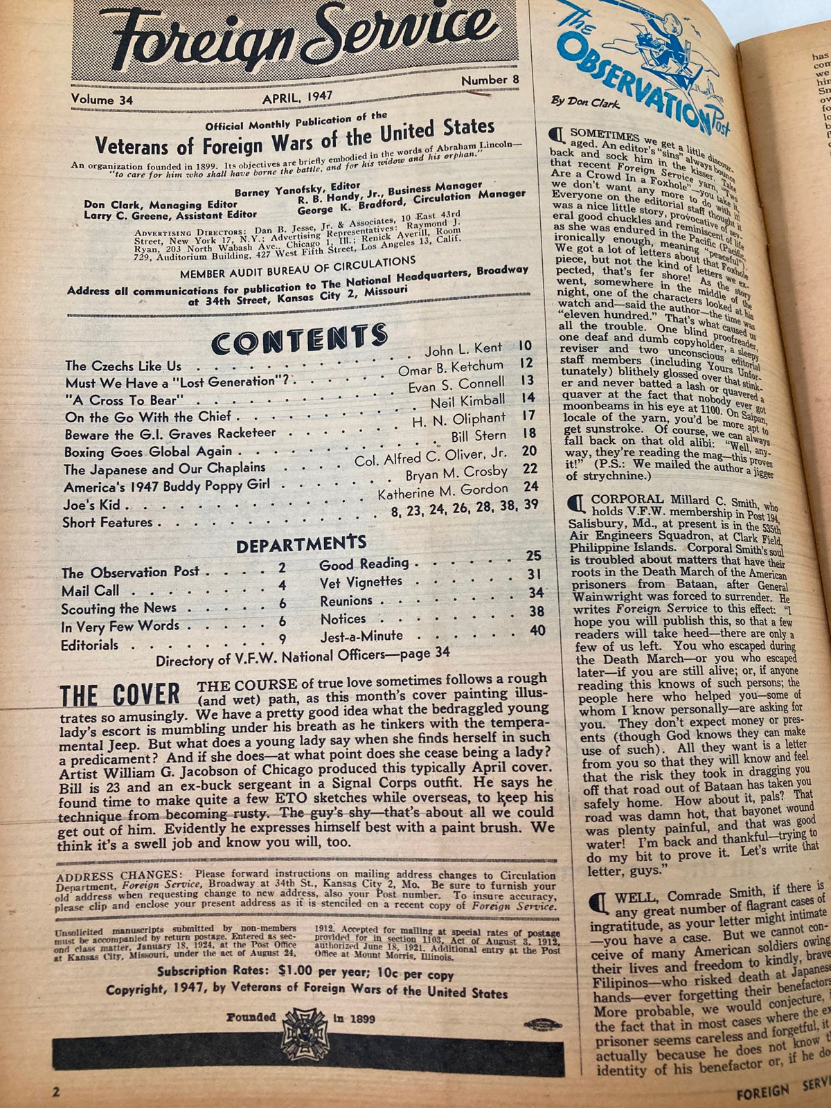 Foreign Service Magazine April 1947, Volume 34, Number 8, featuring the table of contents and editorial details, highlighting significant historical articles from the post-World War II era.
