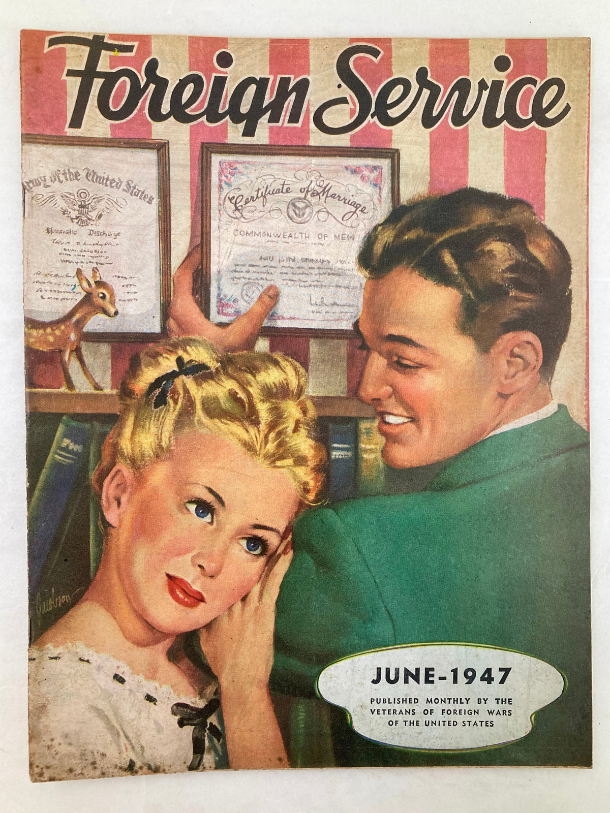 Cover of VTG Foreign Service Magazine, June 1947, featuring a couple with a vintage aesthetic. The magazine, titled 'A Young Man's Fancy', showcases post-war culture, illustrated with colorful artwork and decorative elements.