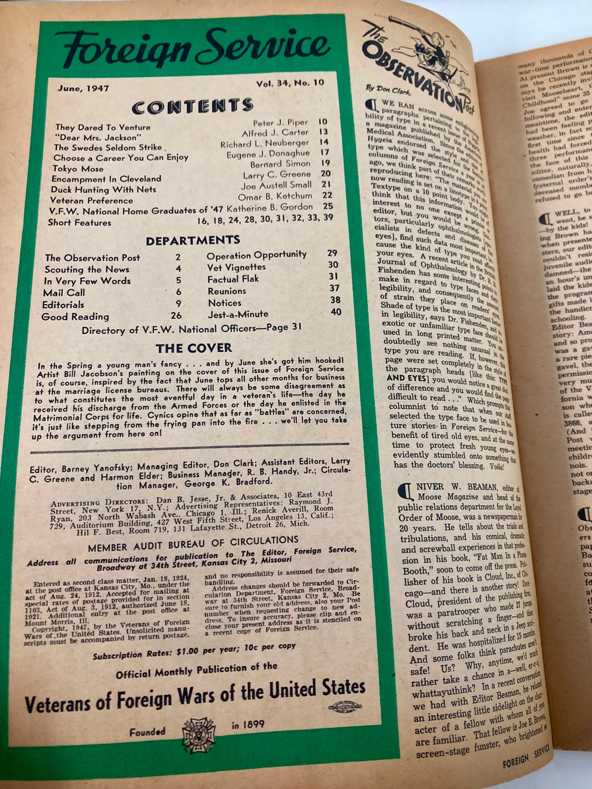 Contents page of VTG Foreign Service Magazine June 1947 Vol 34 #10 featuring titles of articles and features, offering a glimpse into the post-war era.