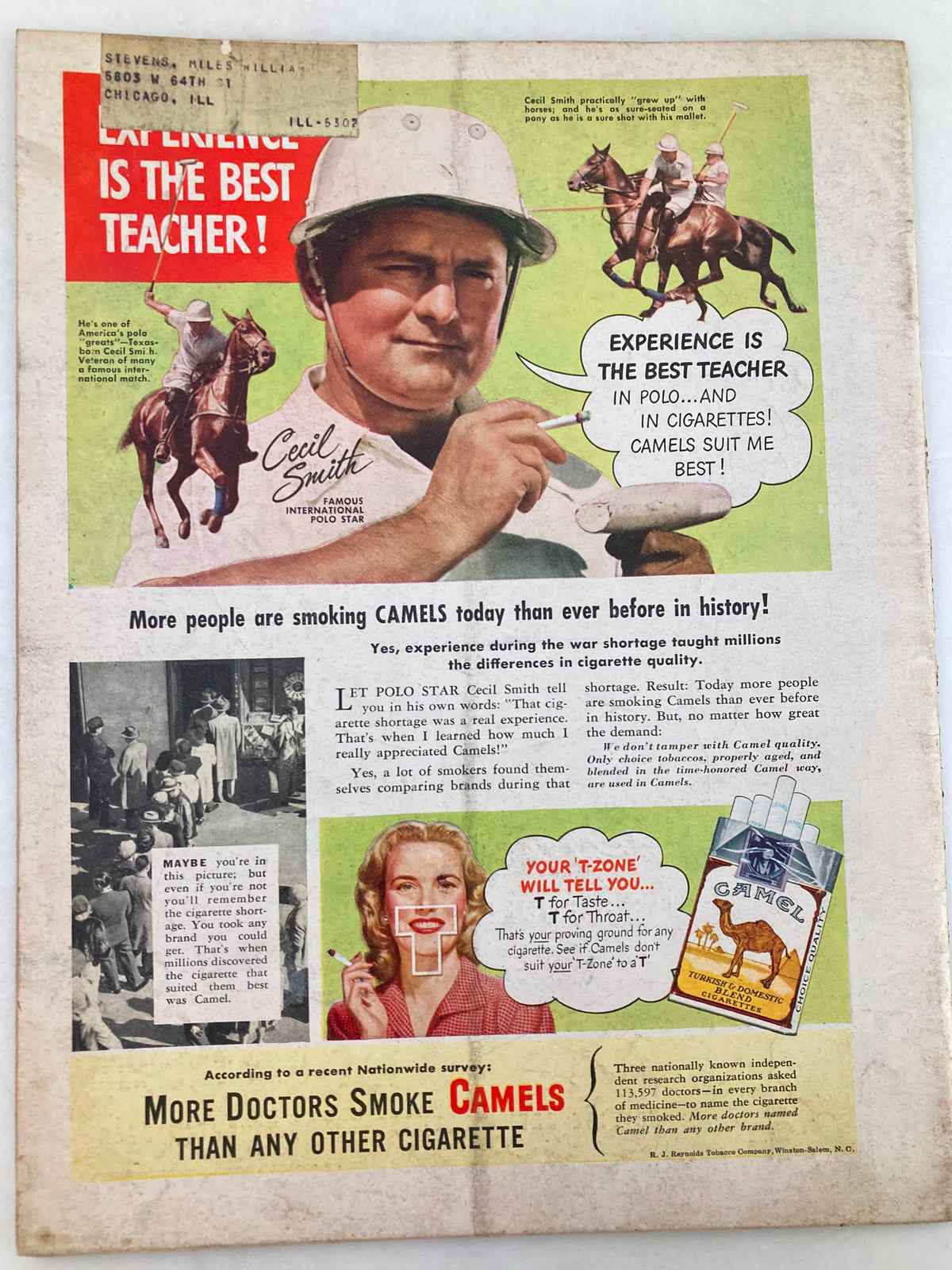 Vintage advertisement from the back cover of VTG Foreign Service Magazine June 1947 Vol 34 #10 promoting Camel cigarettes with celebrity polo player Cecil Smith.