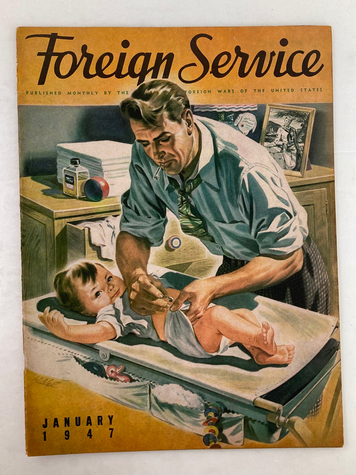Cover of the VTG Foreign Service Magazine January 1947 Vol 34 #5 titled 'Doctor On-Call', featuring a physician attending to a child, embodying themes of healthcare and diplomacy.