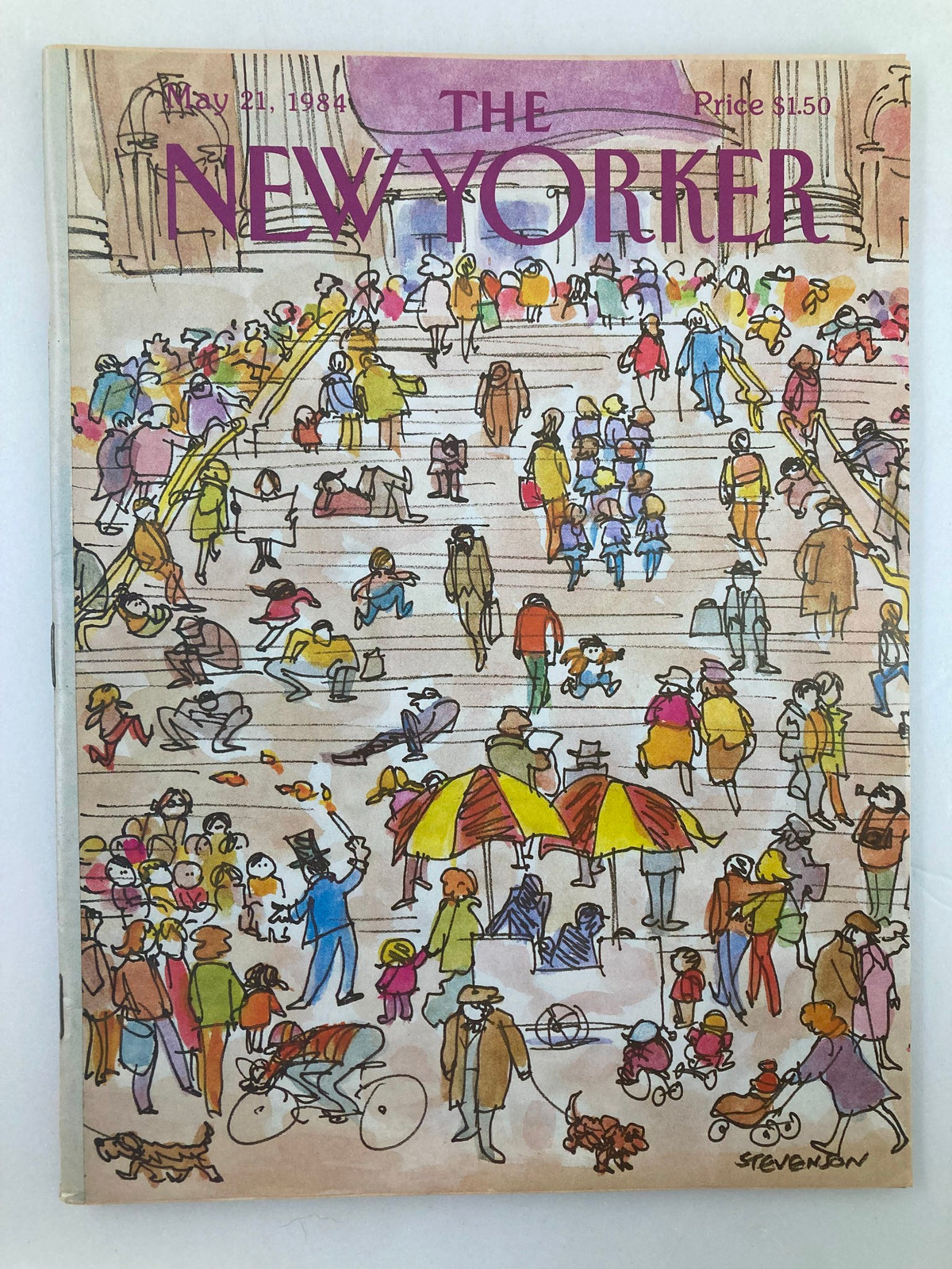 Cover of The New Yorker Full Magazine from May 21, 1984, featuring an illustration titled 'Picnic' by James Stevenson, depicting a vibrant scene of people enjoying leisure time outdoors.