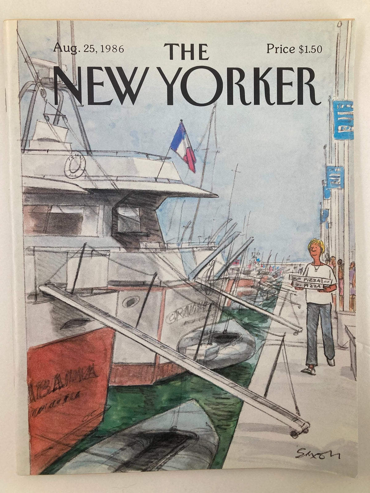 Cover of The New Yorker magazine from August 25, 1986, titled 'Pizza Boat' by Charles Saxon, featuring a harbor scene with boats and a person holding a pizza.