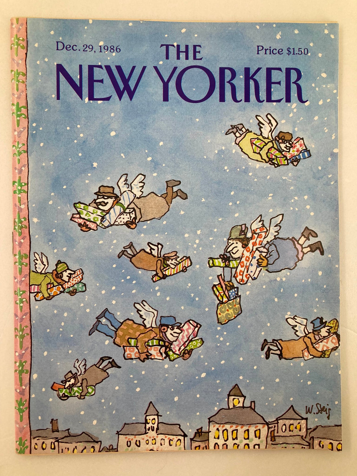 The New Yorker Full Magazine December 29 1986 Wings by William Steig cover illustration featuring whimsical characters with angel wings flying through a snowy night sky with colorful gift packages.