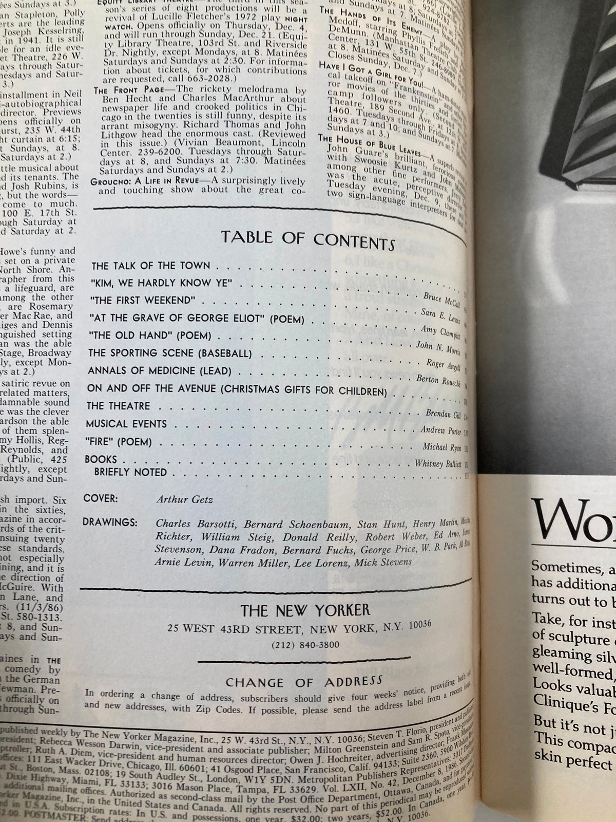 Inside page of The New Yorker Full Magazine December 8 1986 showcasing the table of contents, detailing articles and contributions, with an emphasis on the cover art by Arthur Getz.