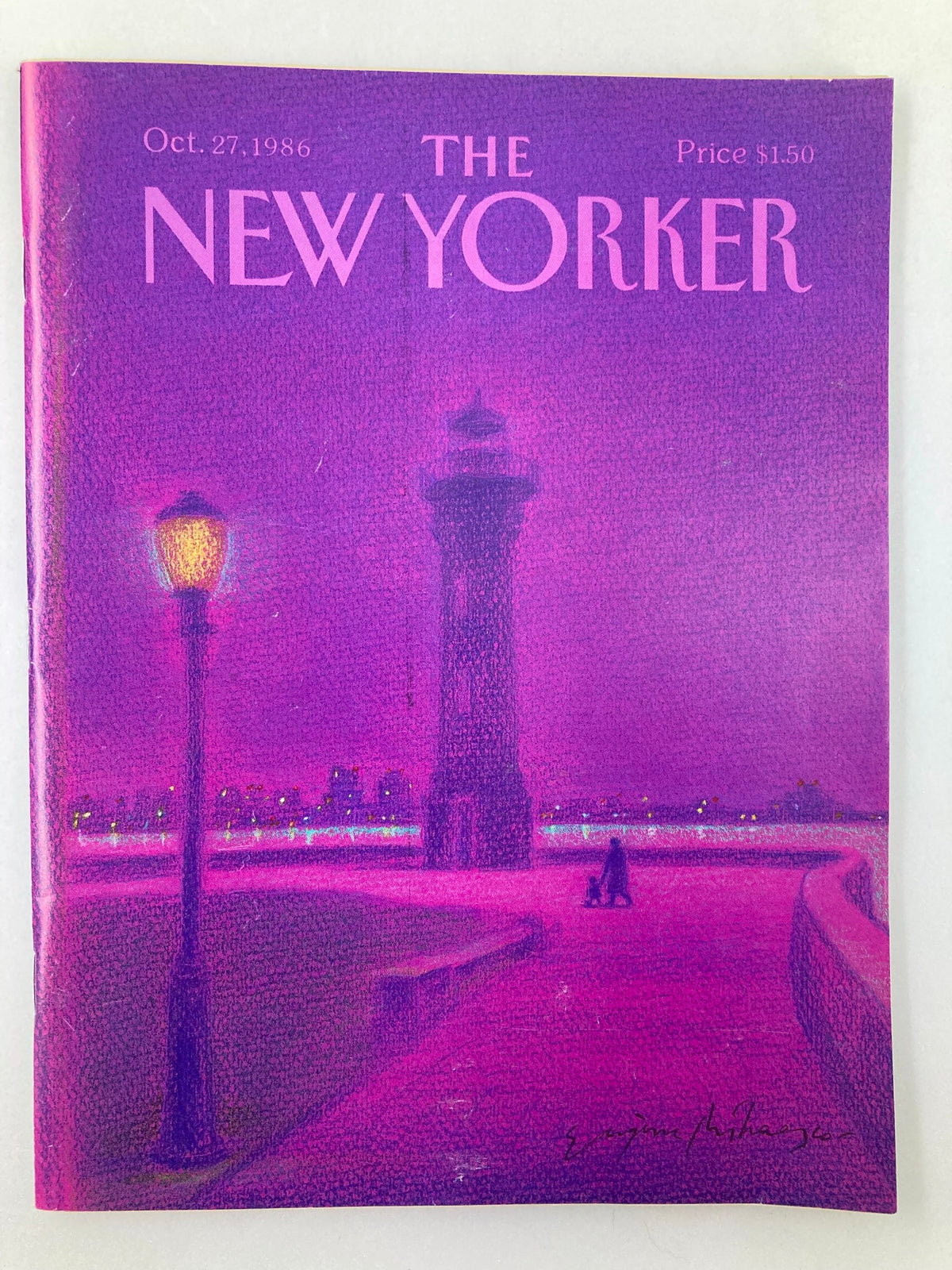 Cover of The New Yorker Magazine, October 27, 1986, featuring the title "The New Yorker" in bold pink lettering, with an atmospheric illustration of a lamppost and a figure walking by the waterside at dusk, capturing the essence of urban life.