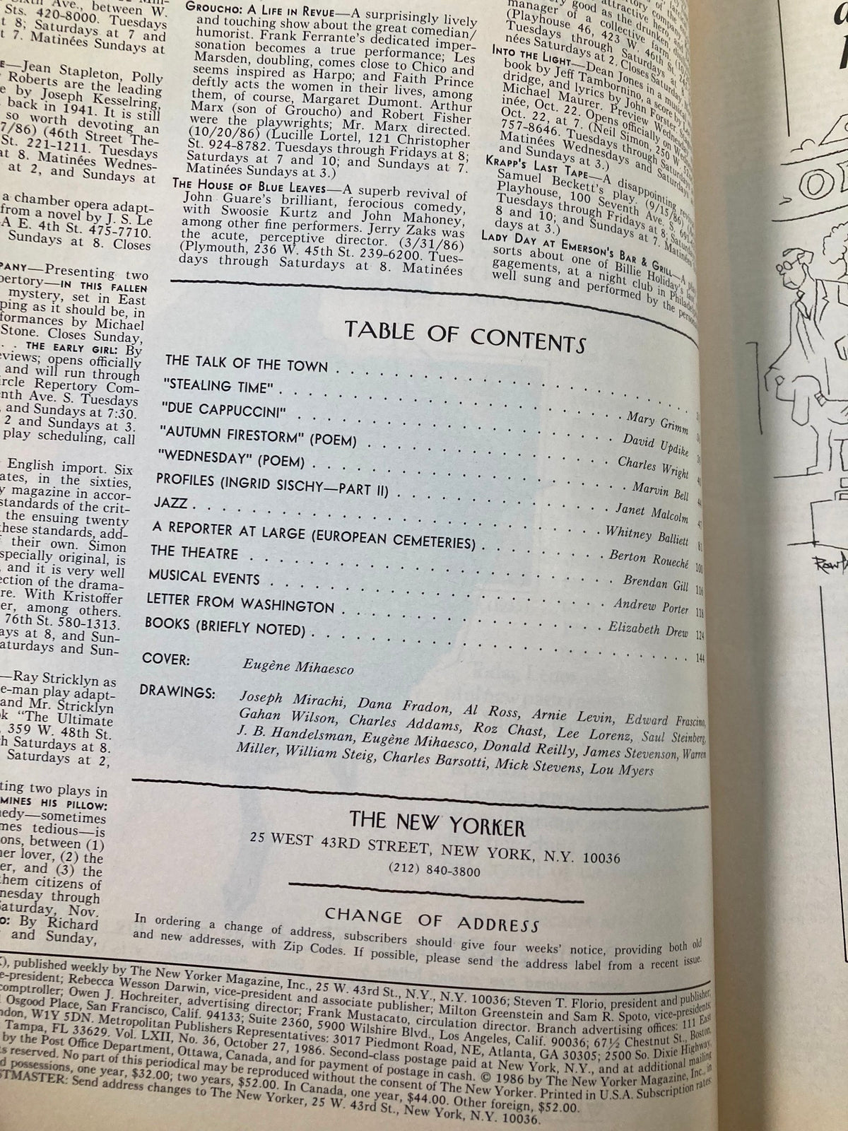 Table of Contents from The New Yorker Magazine, October 27, 1986, listing articles and features including 'Night Walk' by E. Mihaesco, highlighting various literary and cultural contributions within the issue.